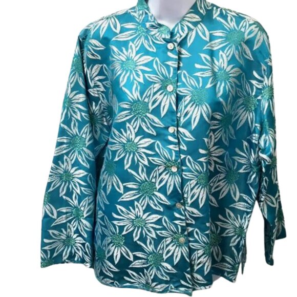 Chicos Mother of the Bride Floral Print Turquoise Silk Blend Jacket Top SZ 3 - Picture 2 of 9